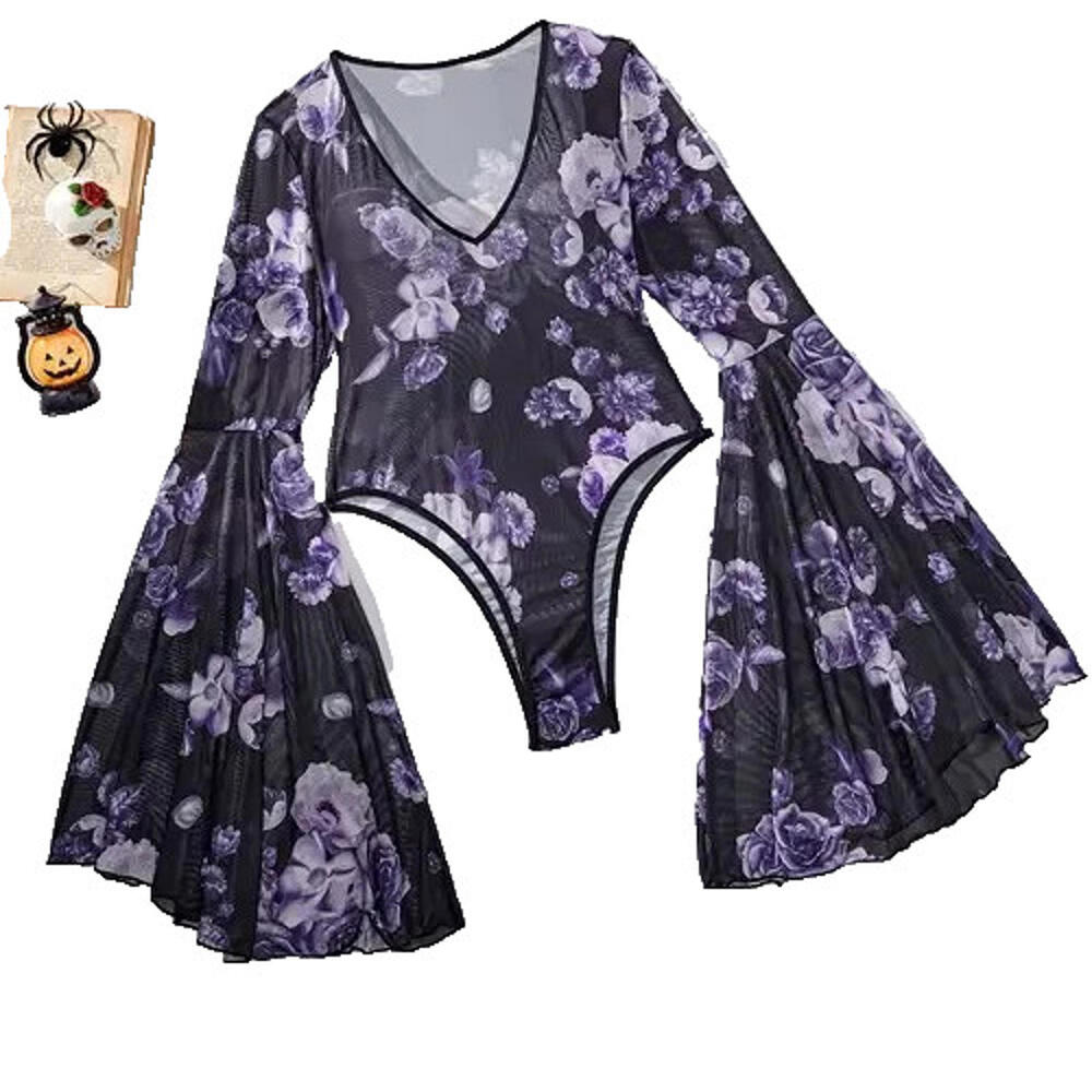 NEW Bell Sleeve Bodysuit Size L Gothic Dolls Blouse Purple Black Outfit - Picture 5 of 9